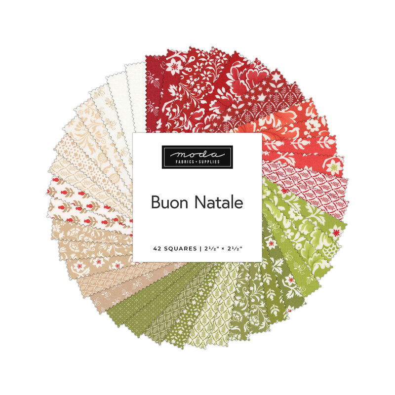 Collage of the fabrics included in the Buon Natale Mini Charm Pack.