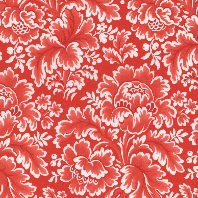 Light red fabric with a vintage pattern of large white and red vintage florals.