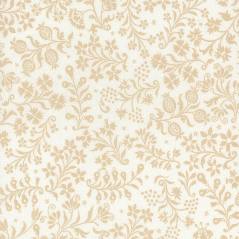 Light cream background with intricate floral and vine patterns in soft beige tones.