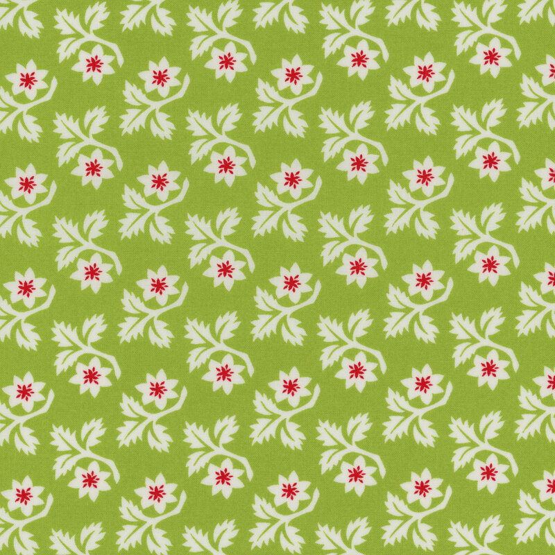 Light green fabric with rows of white angular leaves and flowers with red centers.