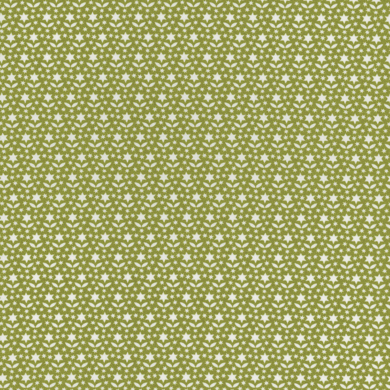 Green fabric with rows of white star-shaped flowers and leaves among scattered dots.