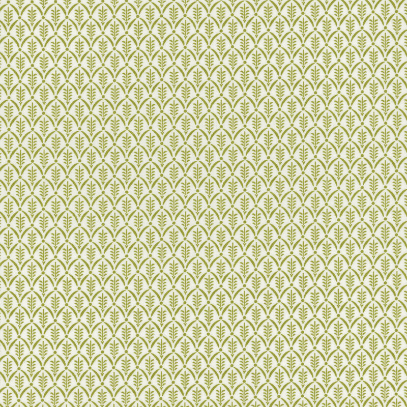 White fabric with a green pattern of scallops framing little sprigs.