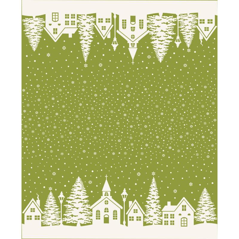 Green border print with red snow flurries and rows of white houses and churches running along either fabric border.