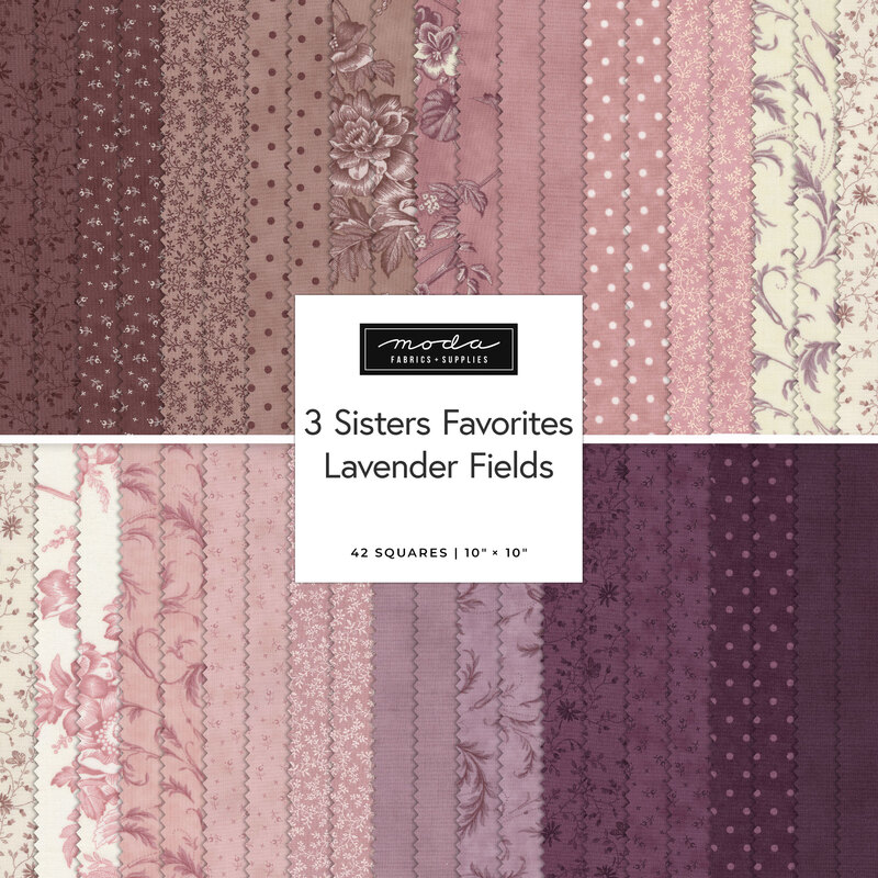 A collage of lavender and purple fabric with various patterns, labeled Lavender Fields.