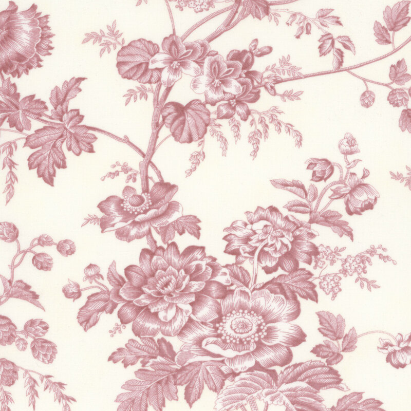 Floral pattern featuring pink roses and leaves on a cream background.