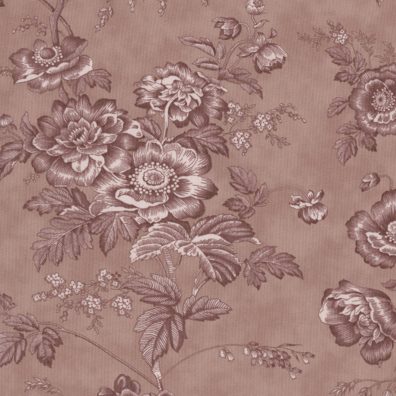 Floral pattern featuring brown roses and leaves on a muted pink background.