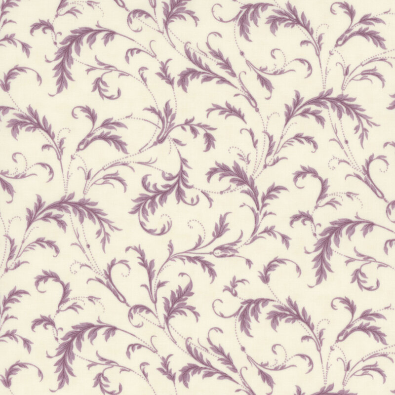 Cream fabric with delicate purple leafy swirl patterns throughout.