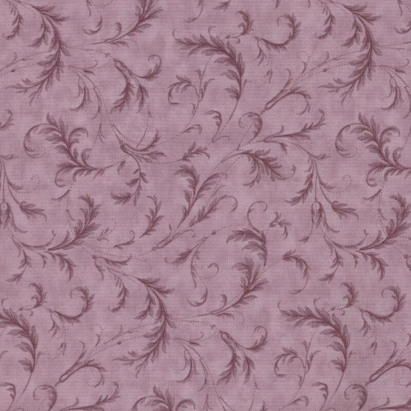 Mauve fabric with delicate darker mauve leafy swirl patterns throughout.