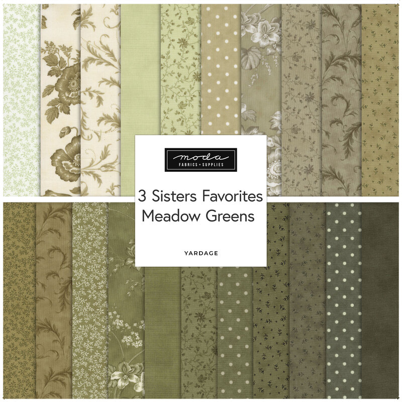 Fabric swatches in various shades of green with floral and polka dot patterns, labeled 3 Sisters Favorites Meadow Greens.