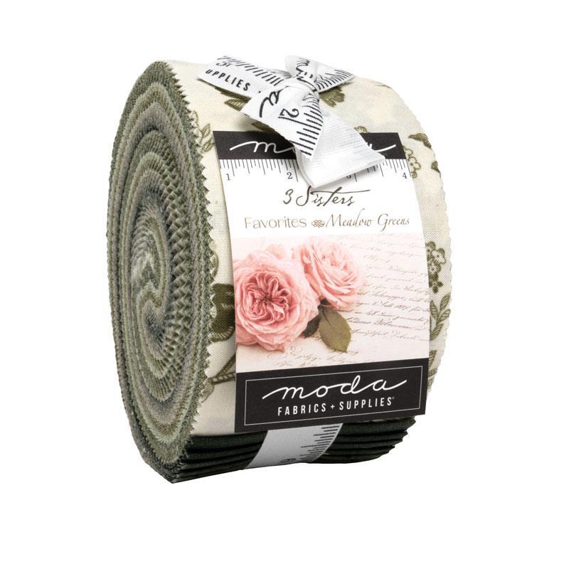 A fan-shaped display of green fabric strips with floral patterns, labeled 3 Sisters Favorites: Meadow Greens.