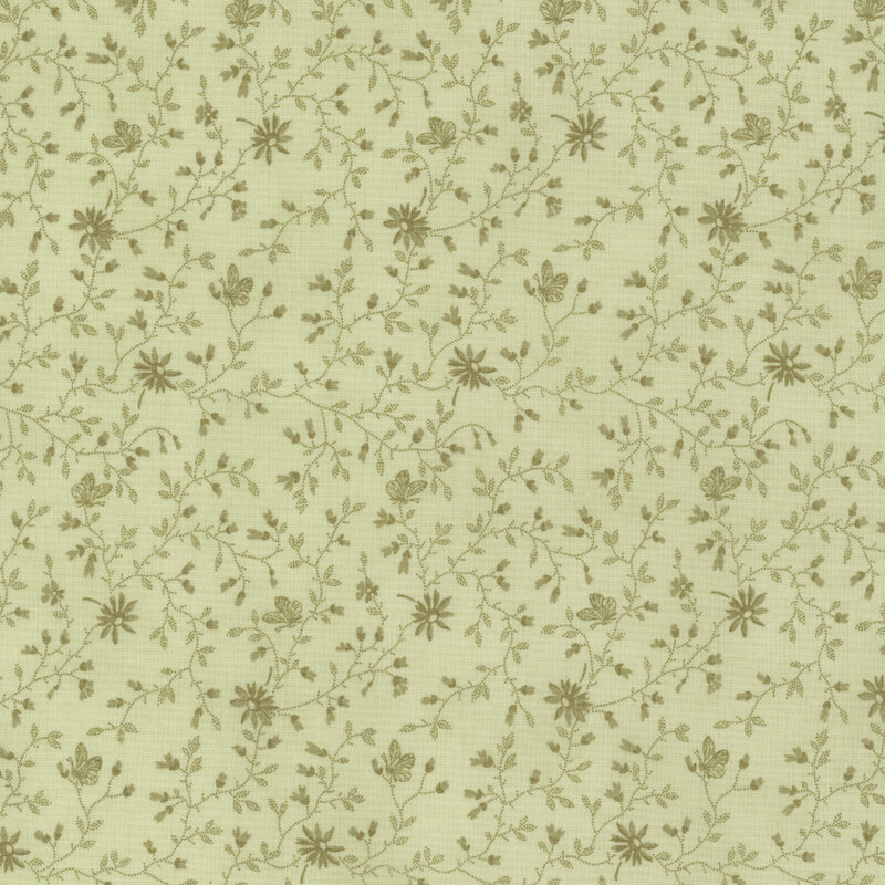 Light green fabric with a delicate floral pattern featuring small, scattered flowers and vines.