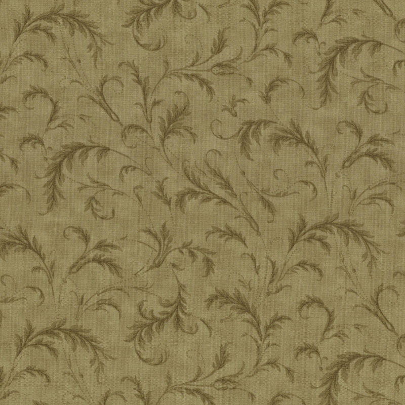 Fabric pattern in olive green with delicate, swirling leaf motifs.