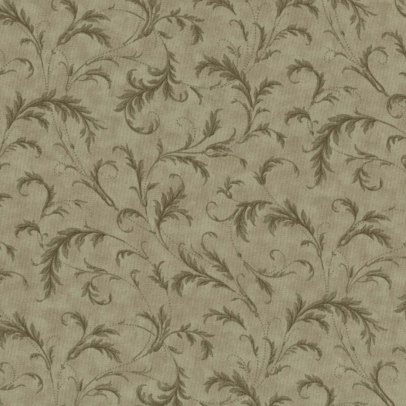 leaf-patterned fabric design featuring swirling leaves in muted green tones on a textured background.