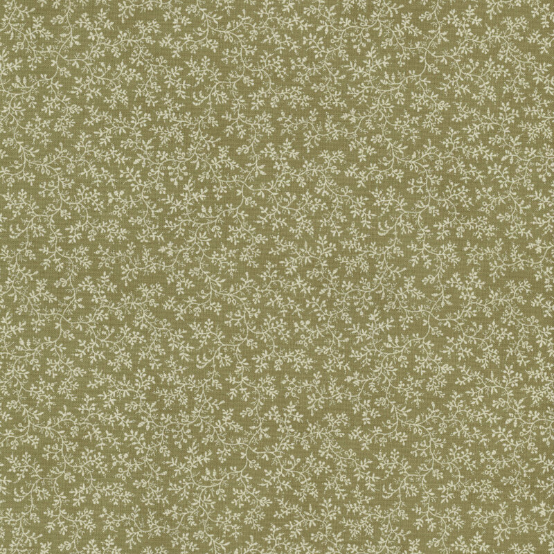 A fabric featuring small, white floral designs on an olive green.