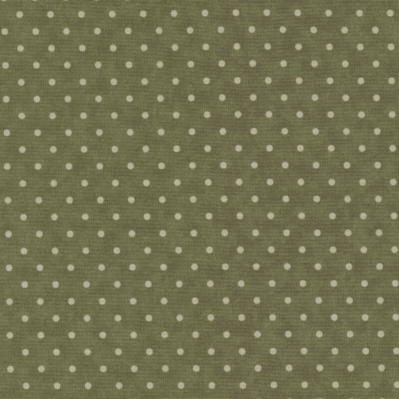 Green fabric with a consistent pattern of white polka dots.