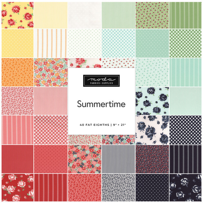 A collage of colorful fabrics in the Summertime collection