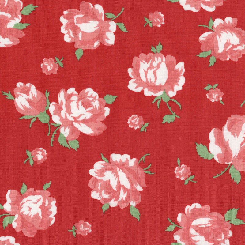 Fabric featuring large pink roses with smaller buds on a bold red background.