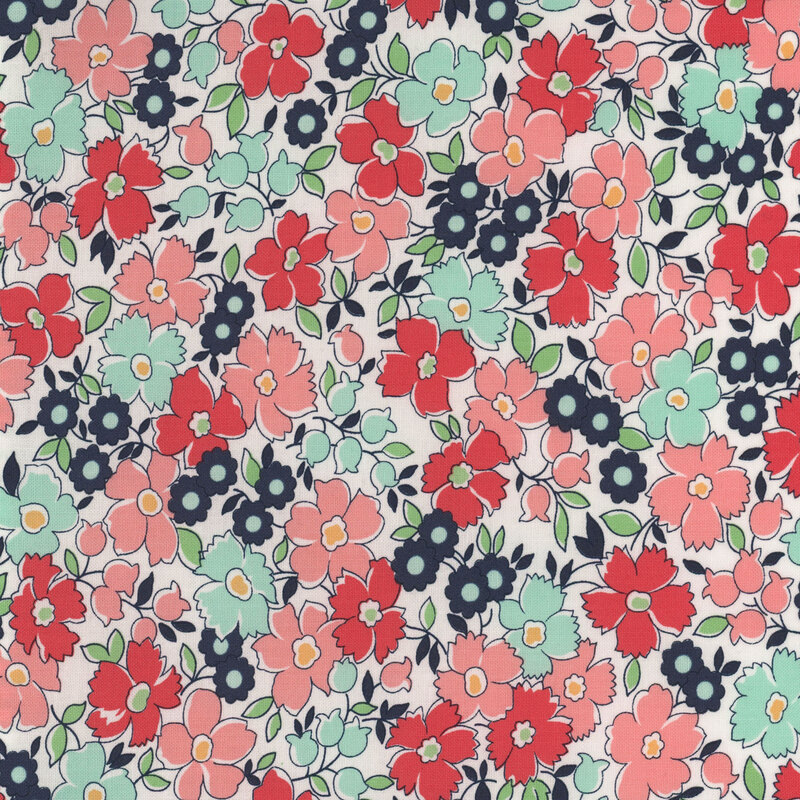 Packed florals in red, pink, and blue on a white background.