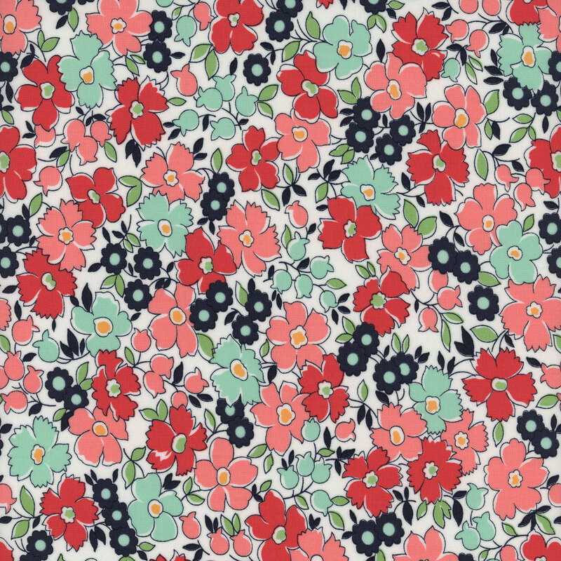 Packed florals in red, pink, and blue on a white background.