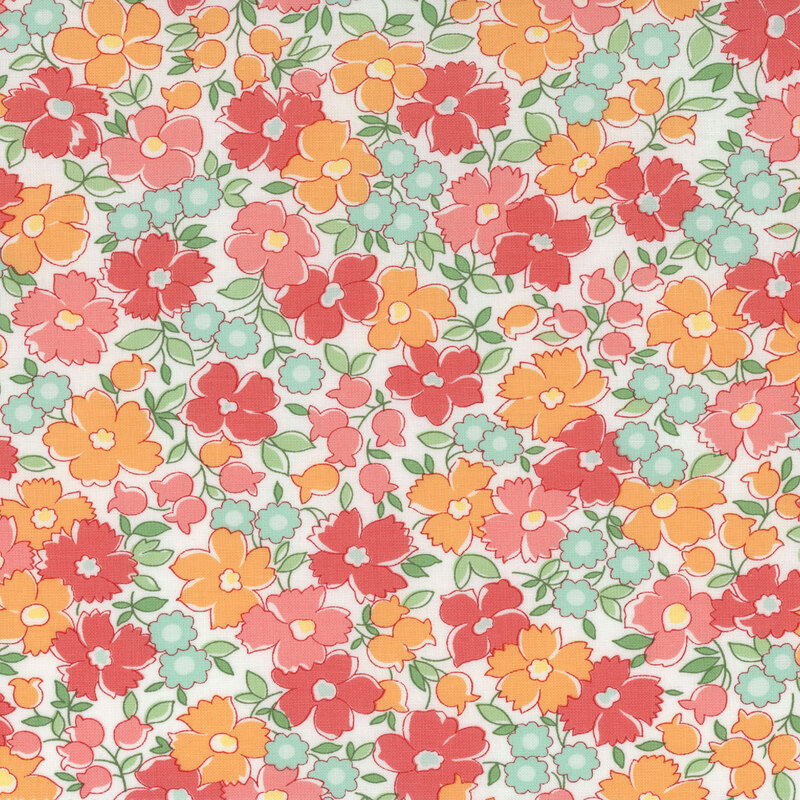 Packed florals in red, pink, and orange on a white background.