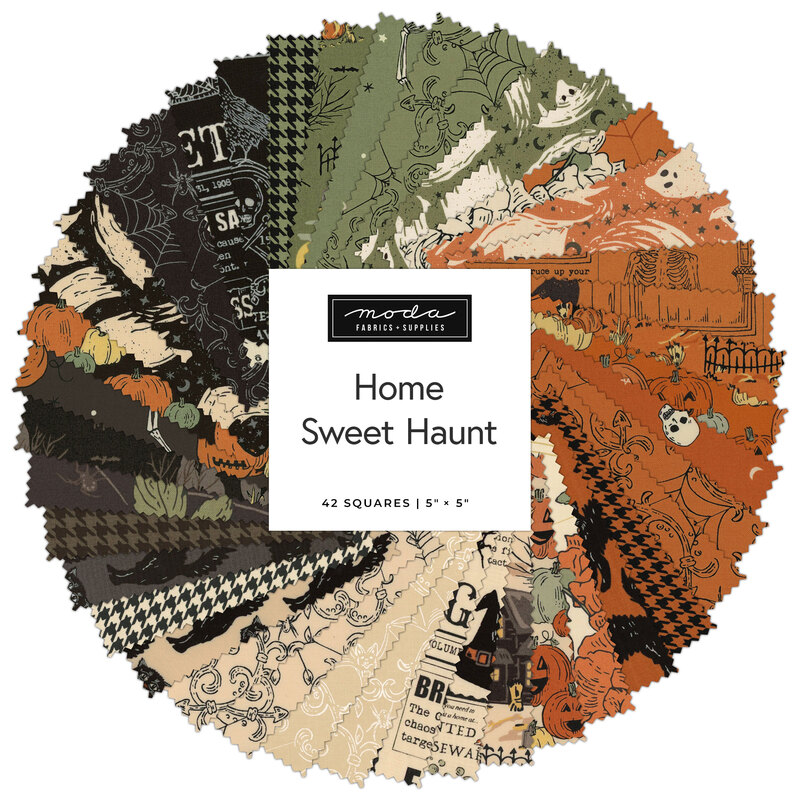 A spiral collage of black, green, orange, and cream fabrics in the Home Sweet Haunt collection.