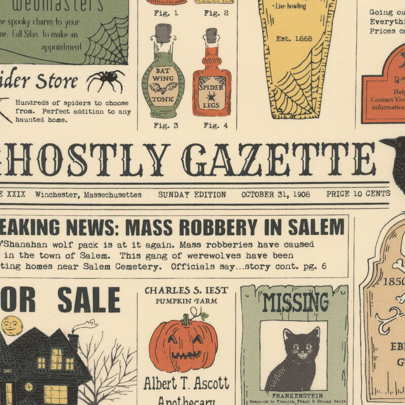 Cream fabric with a Halloween-themed newspaper print design.