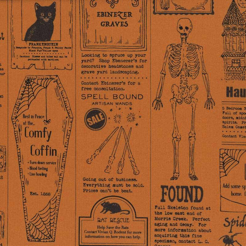 Orange fabric with a Halloween-themed newspaper print design.