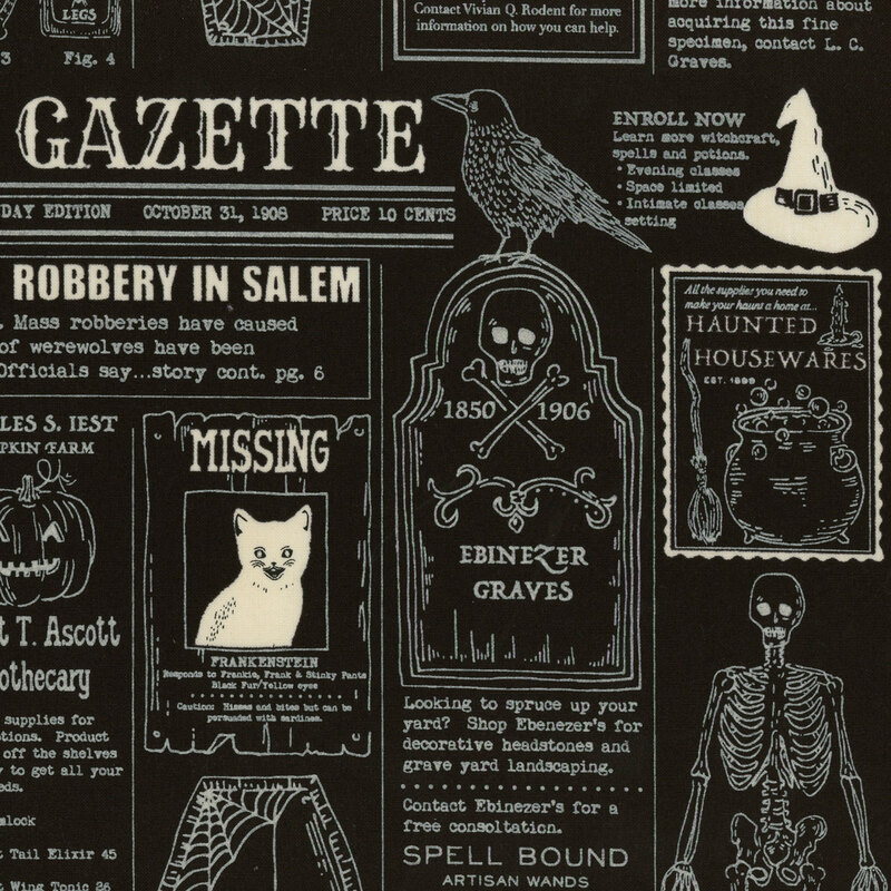 Black fabric with a Halloween-themed newspaper print design.