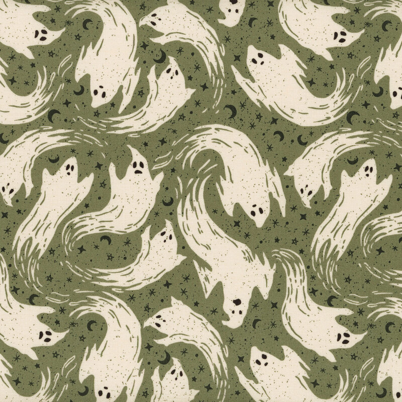 Green fabric with swirling flying ghosts on a scattered background of black crescent moons and stars.