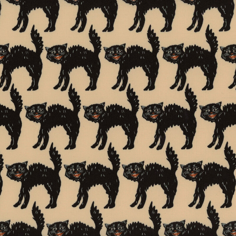 Cream fabric with symmetrical rows of hissing black cats.