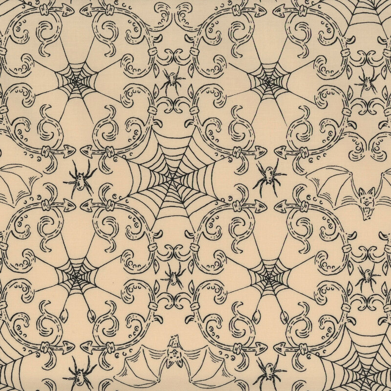 Cream fabric with connected intricate spiderwebbing and ornate swirls with bats and spiders hidden in the imagery.