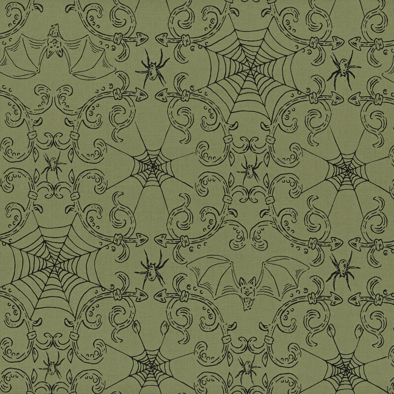 Green fabric with connected intricate spiderwebbing and ornate swirls with bats and spiders hidden in the imagery.