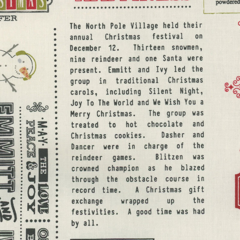 Fabric with text describing a Christmas festival at North Pole Village, featuring snowmen, reindeer, and activities.