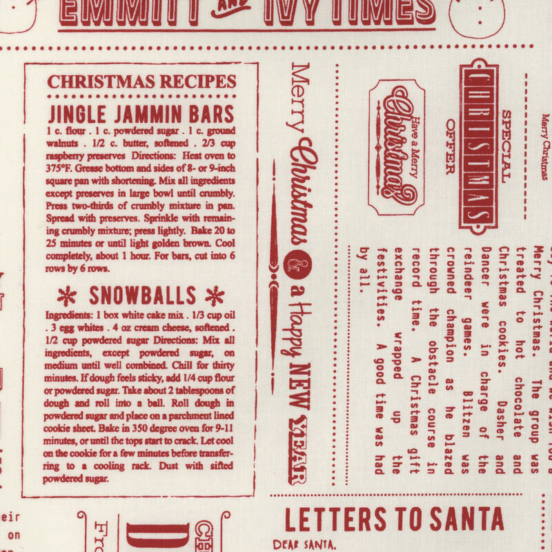 Fabric with a festive recipe sheet featuring Jingle Jammin Bars and Snowballs with holiday greetings.