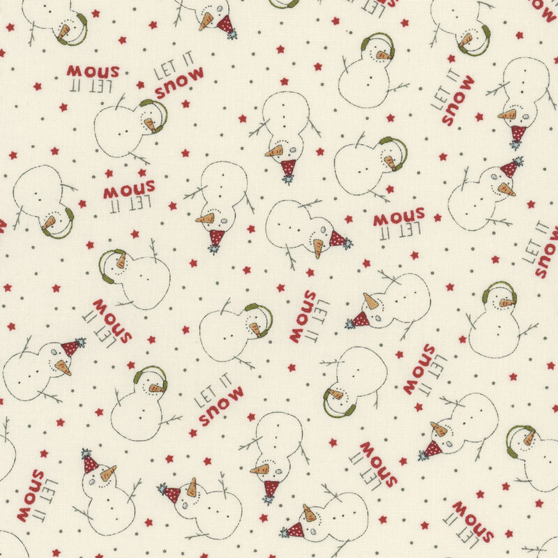 A patterned fabric featuring cheerful snowmen, festive text, and red stars on a cream background.