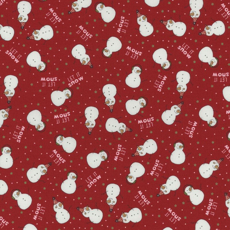 Red fabric with scattered white snowmen and Let It Snow text in a playful pattern.