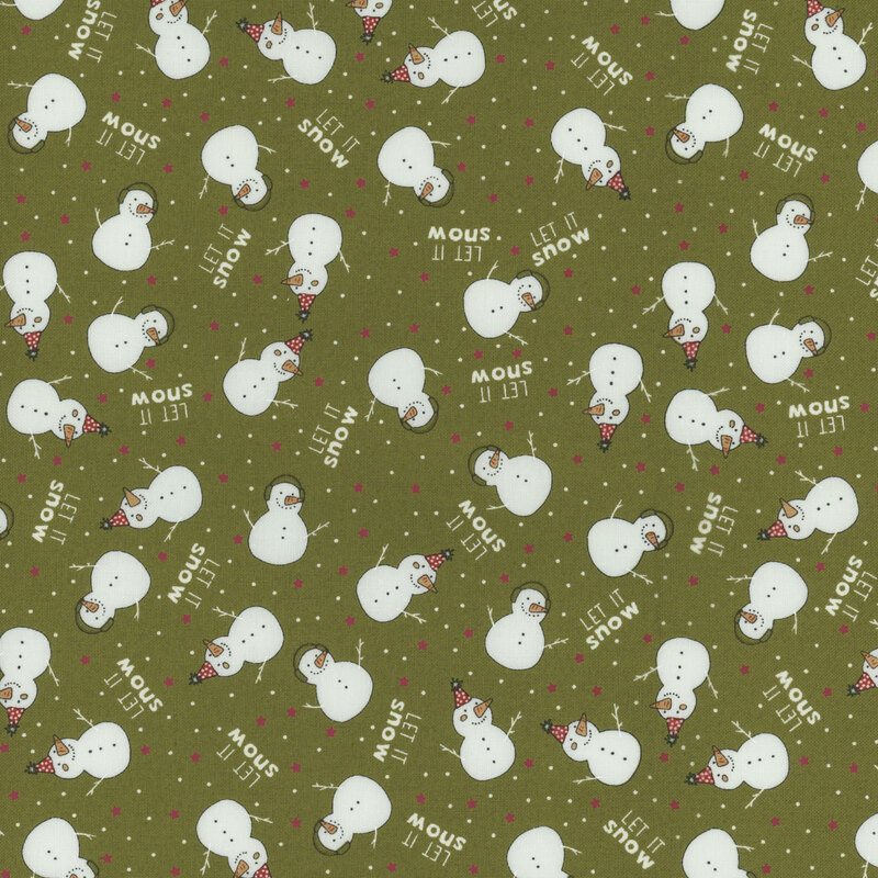 A patterned fabric featuring white snowmen on an olive green background with red accents.