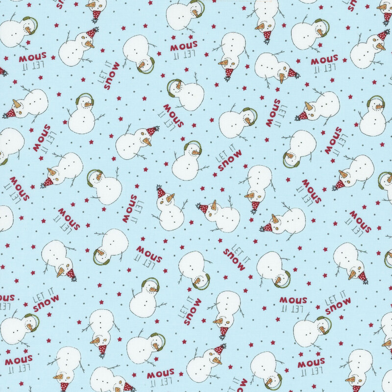 Light blue fabric featuring playful snowmen and the phrase Let it Snow with red stars.