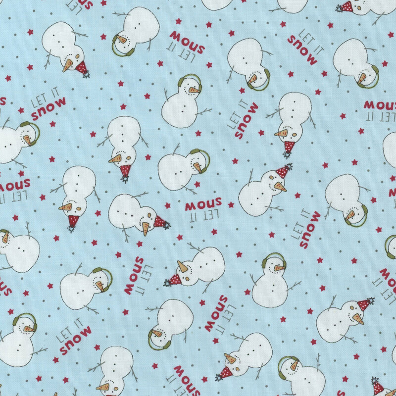 Light blue fabric featuring playful snowmen and the phrase Let it Snow with red stars.