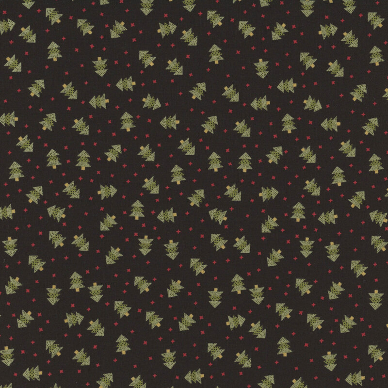 Pattern of small green Christmas trees and red dots on a black fabric.