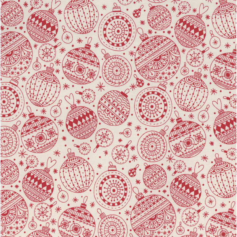 Red and white patterned fabric featuring various Christmas ornaments and stars.