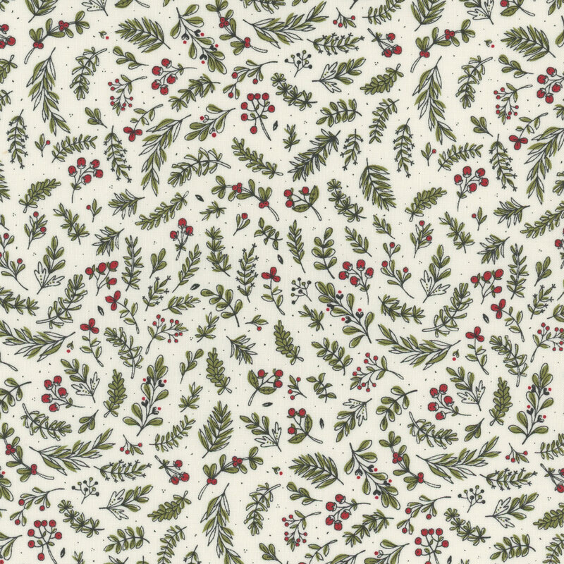 Seamless pattern of green leaves and red berries on a light fabric.