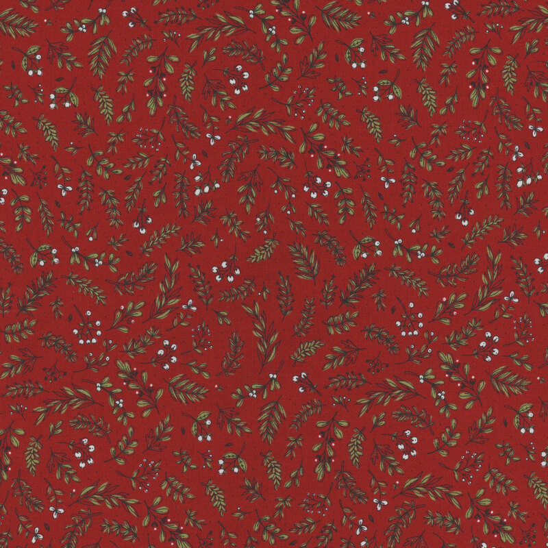 Red fabric covered with green leaves and small white berries in a repeating pattern.