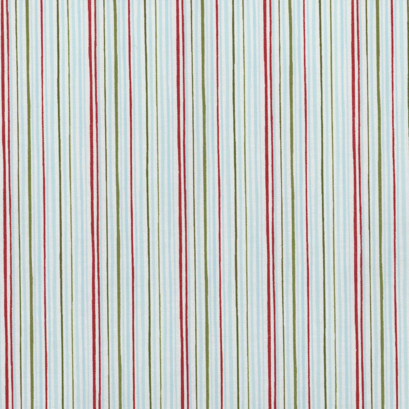 Striped fabric pattern featuring vertical lines in red, green, and light blue on a white background.