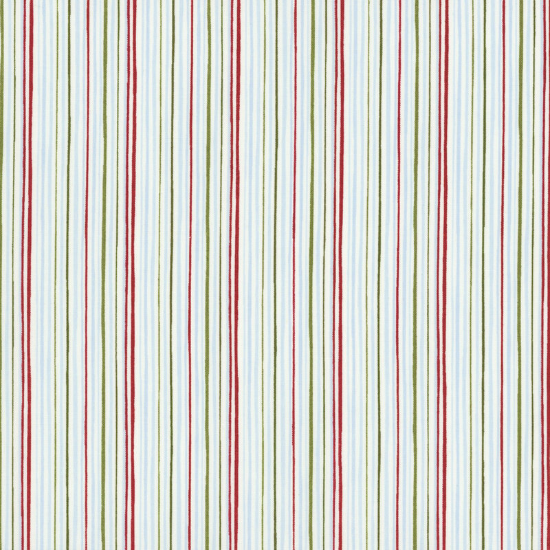 Striped fabric pattern featuring vertical lines in red, green, and light blue on a white background.