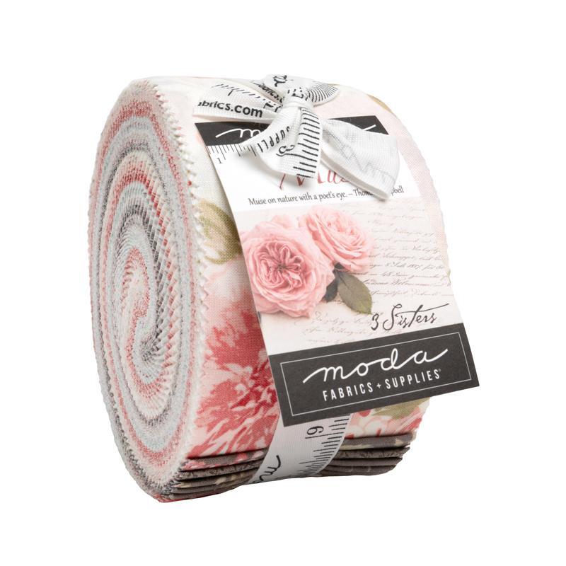 A fan-shaped display of fabric strips in floral patterns and pastel colors, labeled Muse by Moda.