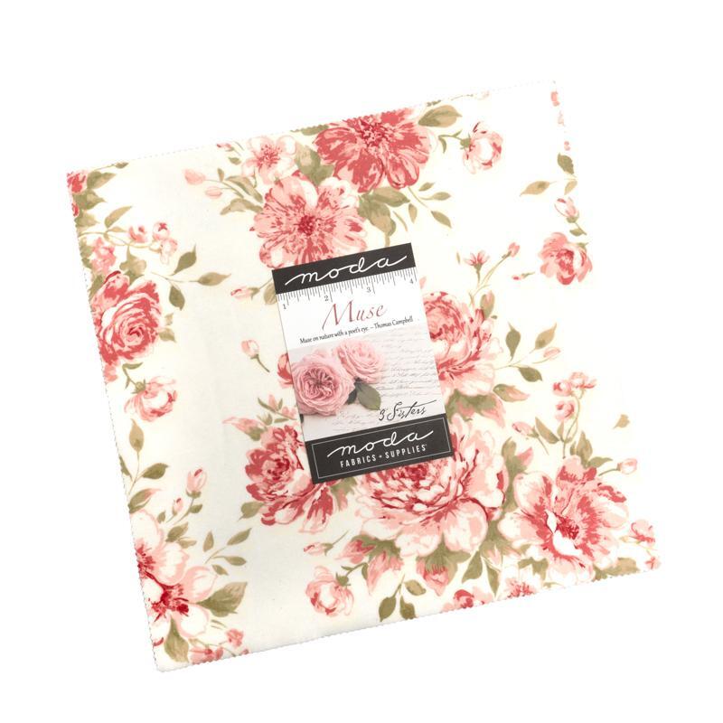 Colorful fabric squares with floral and patterned designs, labeled Muse by Moda. 42 squares, 10 x 10.