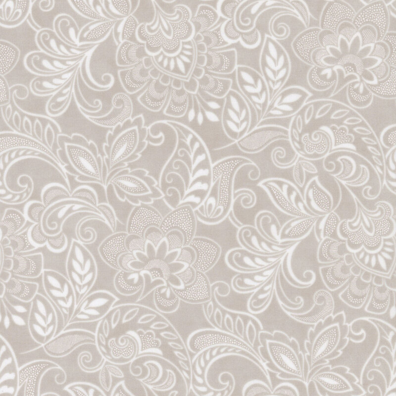 Light gray fabric with intricate white floral and paisley patterns.