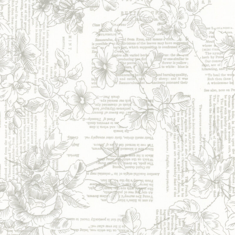 A light fabric featuring delicate floral patterns interspersed with text excerpts.