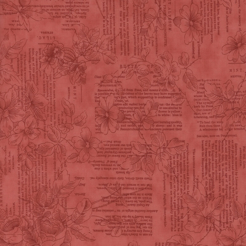 Fabric in red featuring floral illustrations and overlapping book page designs.